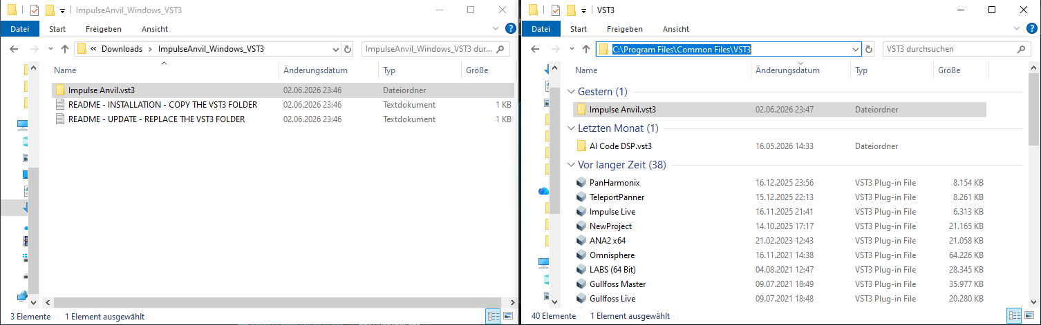 Impulse Anvil installation guide showing the downloaded VST3 folder and the system VST3 folder side by side