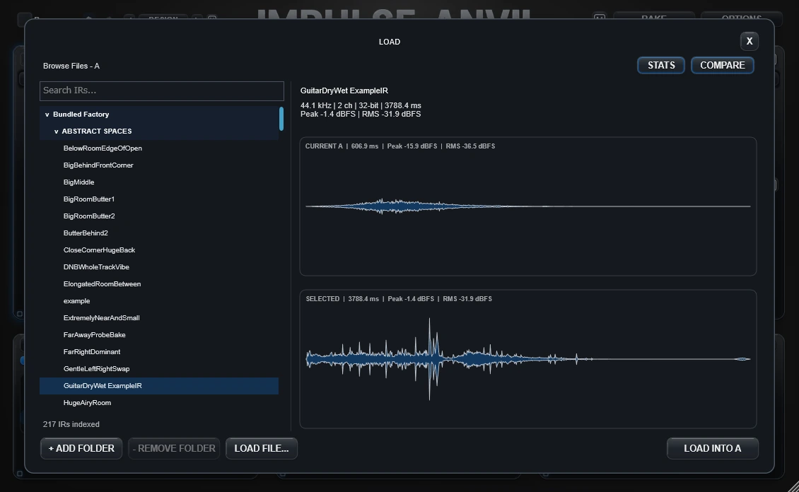 Impulse Anvil IR Browser with waveform stats and Compare